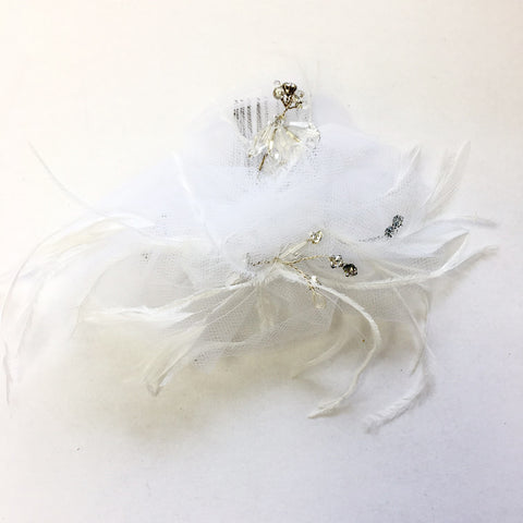 White Bridal Wedding Veil Bridal Wedding Hair Comb with Feather & Rhinestone Accents