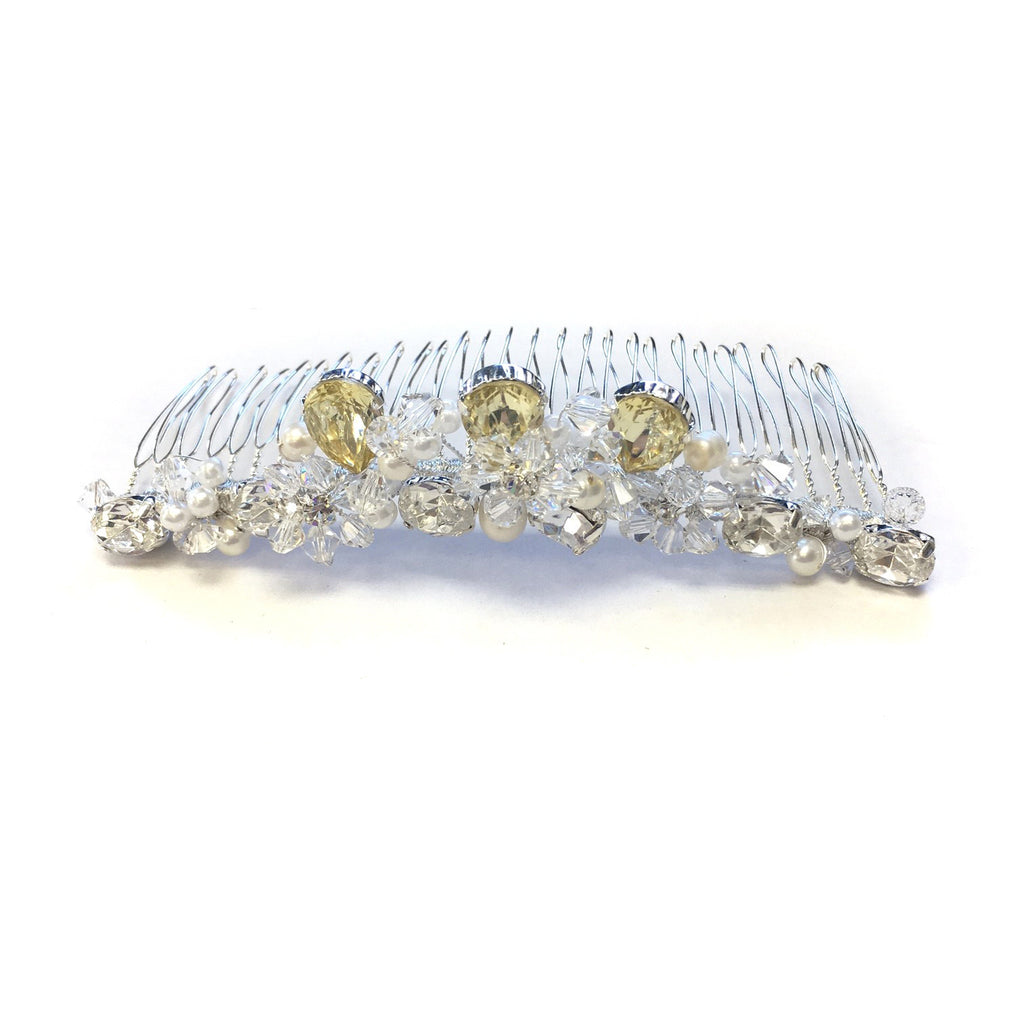 Silver Clear & Yellow Bridal Wedding Hair Bridal Wedding Tiara Bridal Wedding Hair Comb with Freshwater Pearls & Rhinestones & Swarovski Crystal Beads