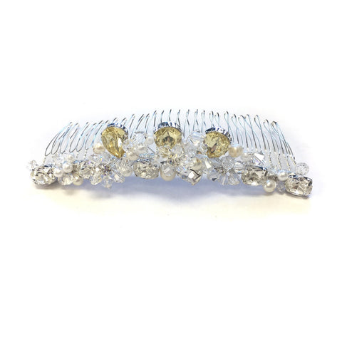 Silver Clear & Yellow Bridal Wedding Hair Bridal Wedding Tiara Bridal Wedding Hair Comb with Freshwater Pearls & Rhinestones & Swarovski Crystal Beads
