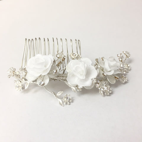 White Fabric Flower Bridal Wedding Hair Comb with Rhinestones & Swarovski Crystal Beads