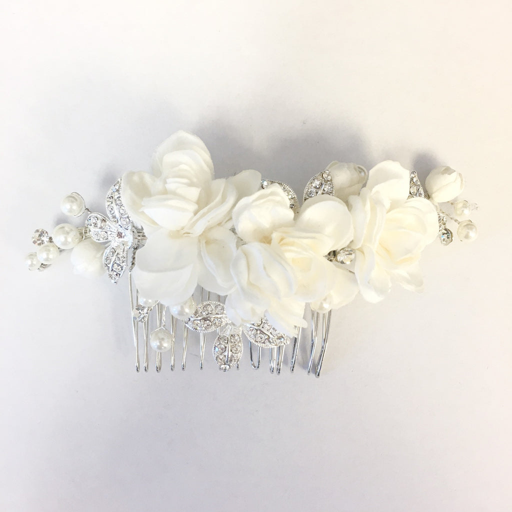 Ivory Fabric Flower Bridal Wedding Hair Comb with Rhinestones & Pearls