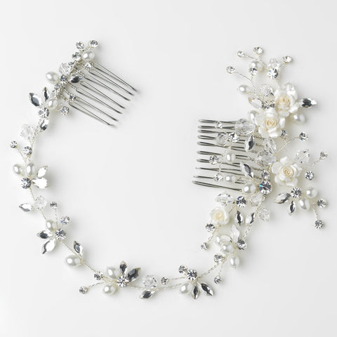 Silver Ivory & Rum Flower Bridal Wedding Hair Comb with Rhinestones & Swarovski Crystal Beads