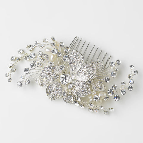Silver Ivory Flower Vine Bridal Wedding Hair Comb with Rhinestones & Freshwater Pearls