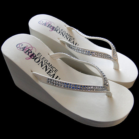 Crystals ~ Ivory or White High Wedge Bridal Wedding Flip Flops with Crystal Accented Suedene Strap