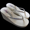 Crystals ~ Ivory or White High Wedge Bridal Wedding Flip Flops with Crystal Accented Suedene Strap
