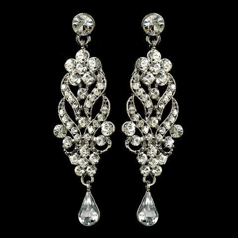 Antique Silver Clear Dangl Bridal Wedding Earrings E 1027