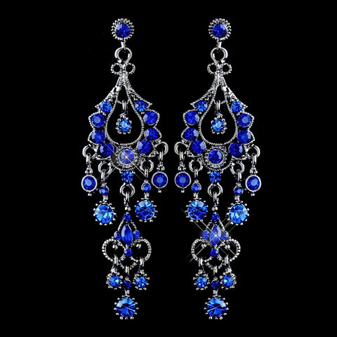 Antique Silver Blue Rhinestone Chandelier Bridal Wedding Earrings 1028