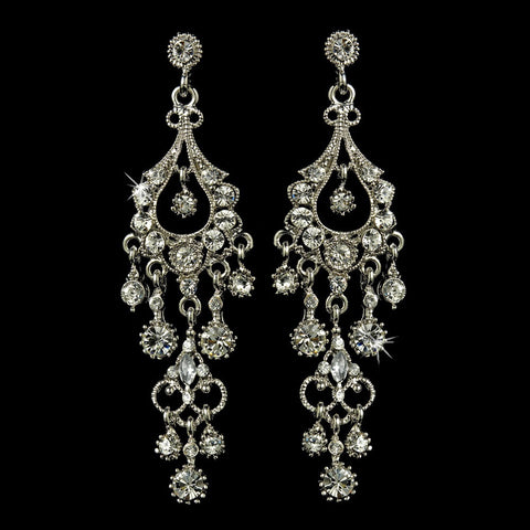 Antique Silver Clear Crystal Chandelier Bridal Wedding Earrings 1028