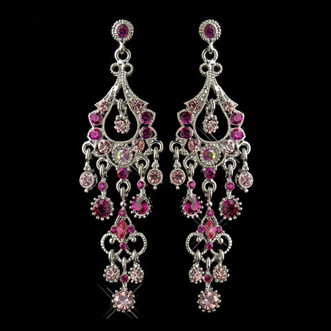 Antique Silver Pink AB Crystal Chandelier Bridal Wedding Earrings 1028