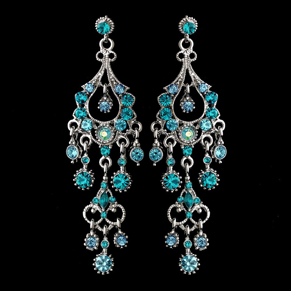 Antique Silver Turquoise AB Crystal Chandelier Bridal Wedding Earrings 1028