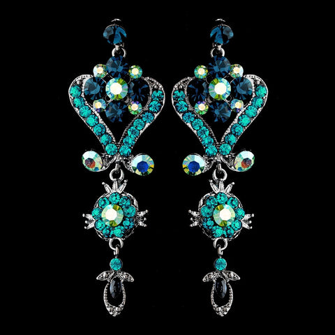 Antique Silver Dark & Teal Blue Chandelier Crystal Bridal Wedding Earrings 1031