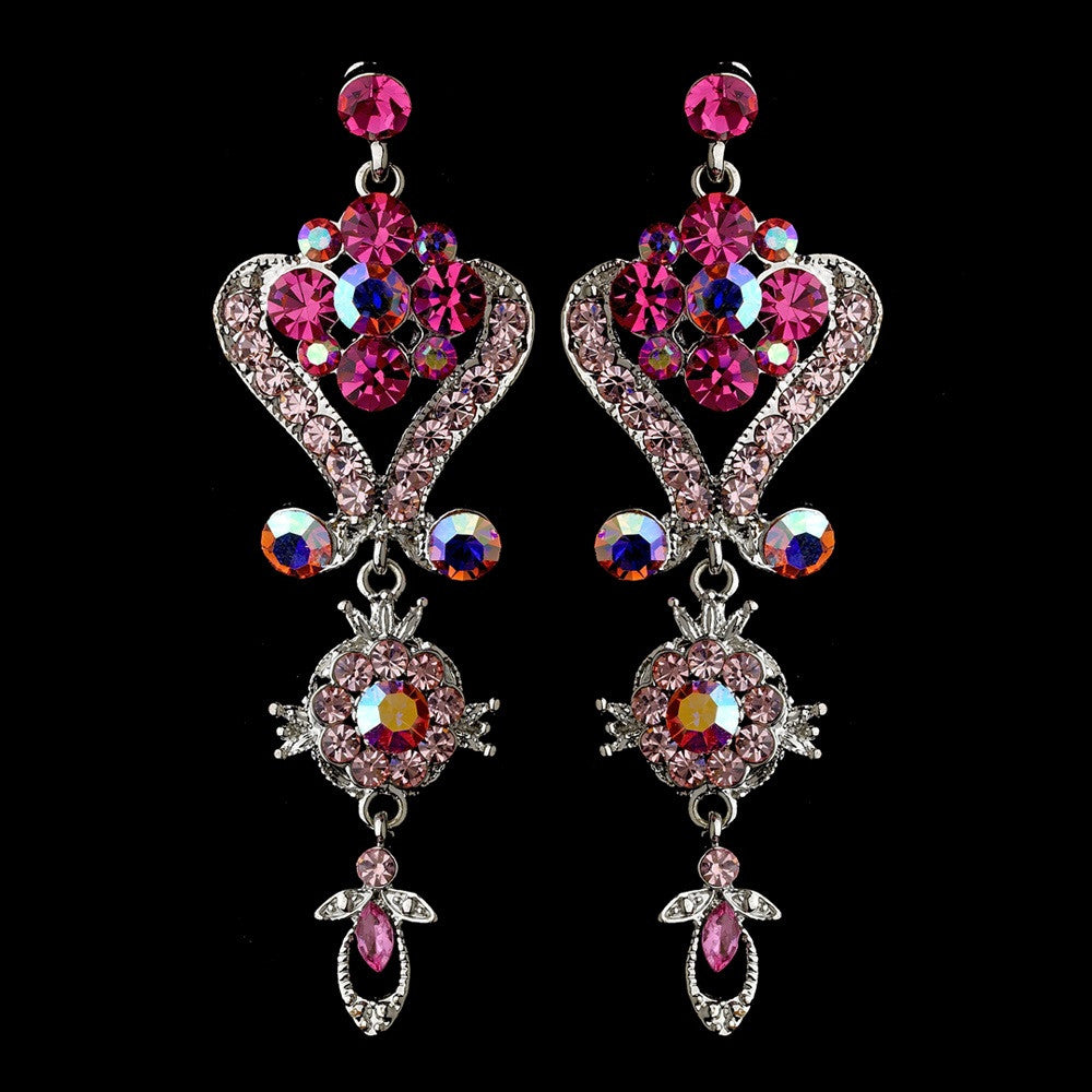 Silver Pink Multi Crystal Chandeleir Bridal Wedding Earrings 1031