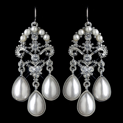 Rhodium White Pearl & Rhinestone Chandelier Bridal Wedding Earrings 1221