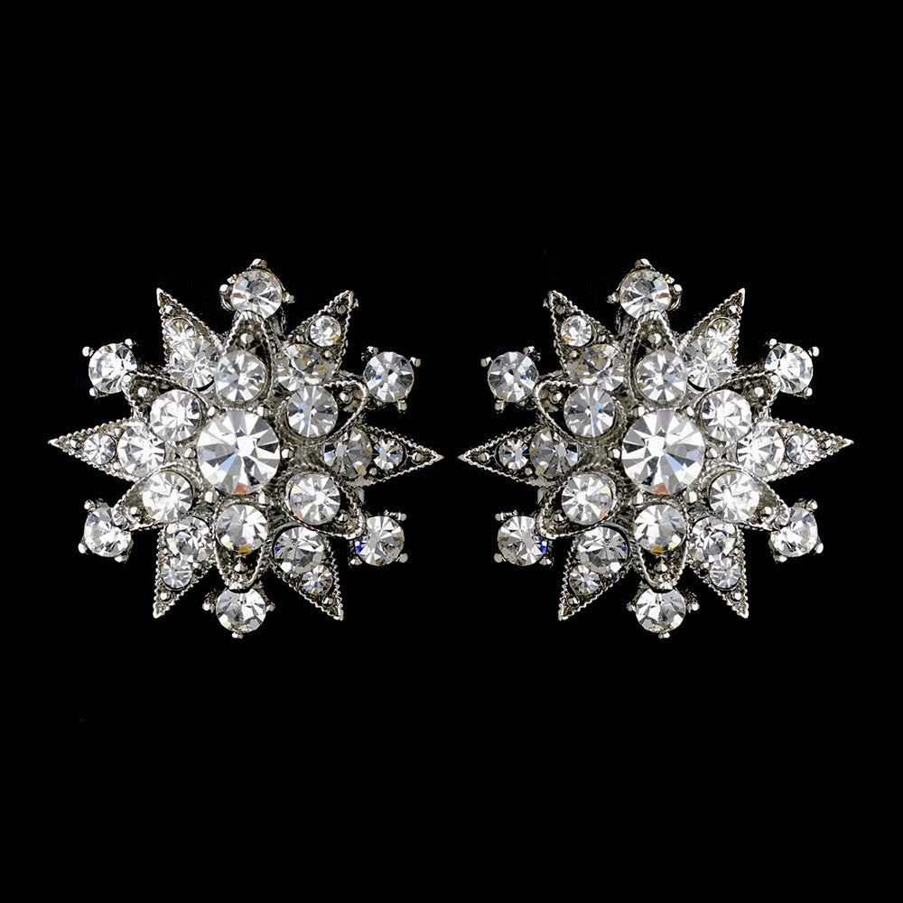Dazzling Antique Silver Starburst Bridal Wedding Hair Clip-On Bridal Wedding Earrings w/ Clear Crystals 1332