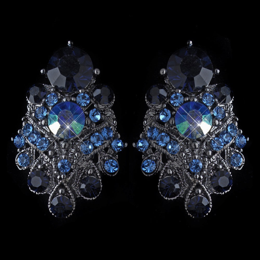 Hematite Navy Blue AB Mix Clip On Bridal Wedding Earrings 1334