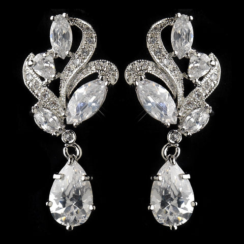 Antique Silver Rhodium Clear CZ Crystal Drop Bridal Wedding Earrings 1419