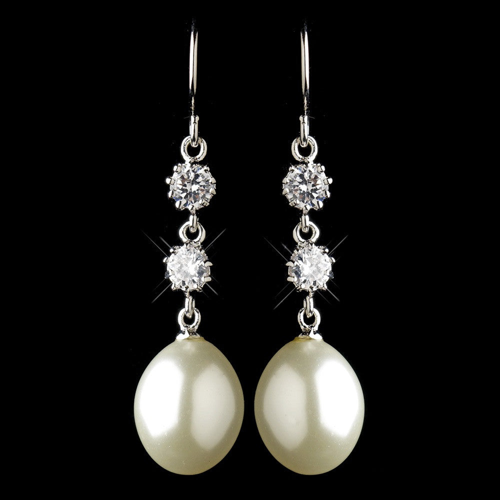 Antique Silver Rhodium Freshwater Pearl & CZ Crystal Drop Bridal Wedding Earrings 1430