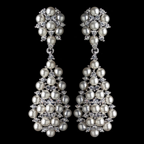 Rhodium Clear Rhinestone & Diamond White Pearl Dangle Bridal Wedding Earrings 180