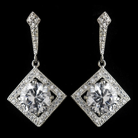 Antique Silver Rhodium Clear CZ Crystal Vintage Drop Bridal Wedding Earrings 1821