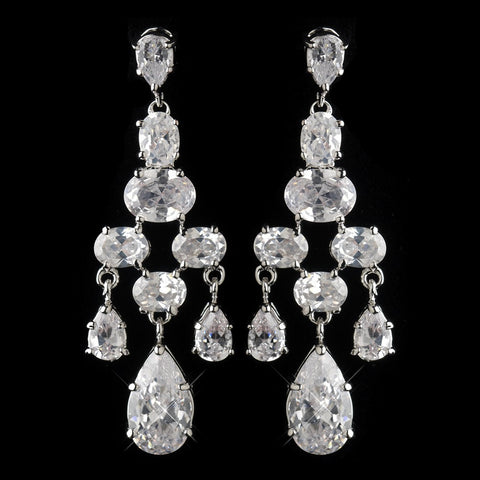 Antique Silver Rhodium Silver Clear CZ Crystal Chandelier Bridal Wedding Earrings 2282
