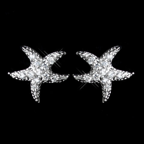 Antique Rhodium Silver CZ Crystal Starfish Bridal Wedding Earrings 2293