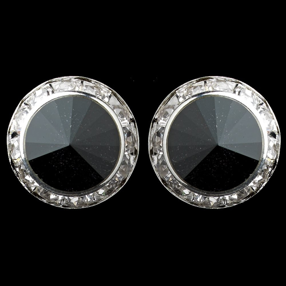 Silver Black Rhinestone Rondelle Round Stud Bridal Wedding Earrings 23017