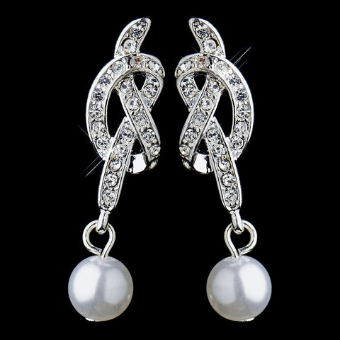 Silver White Pearl and Clear Rhinestone Love Knot Bridal Wedding Earrings 24022