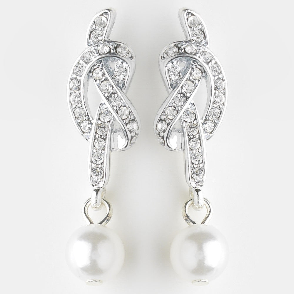 Silver White Pearl and Clear Rhinestone Love Knot Bridal Wedding Earrings 24022