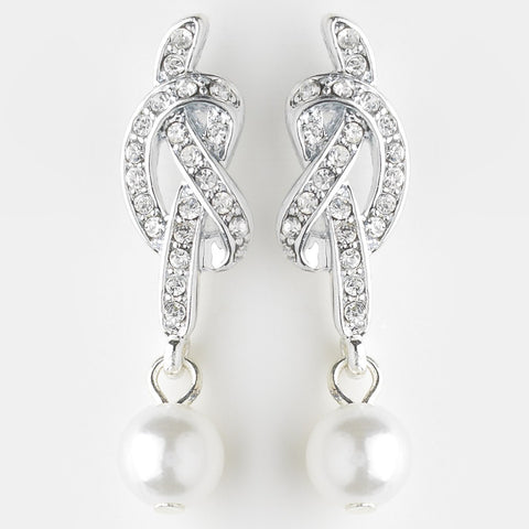 Silver White Pearl and Clear Rhinestone Love Knot Bridal Wedding Earrings 24022