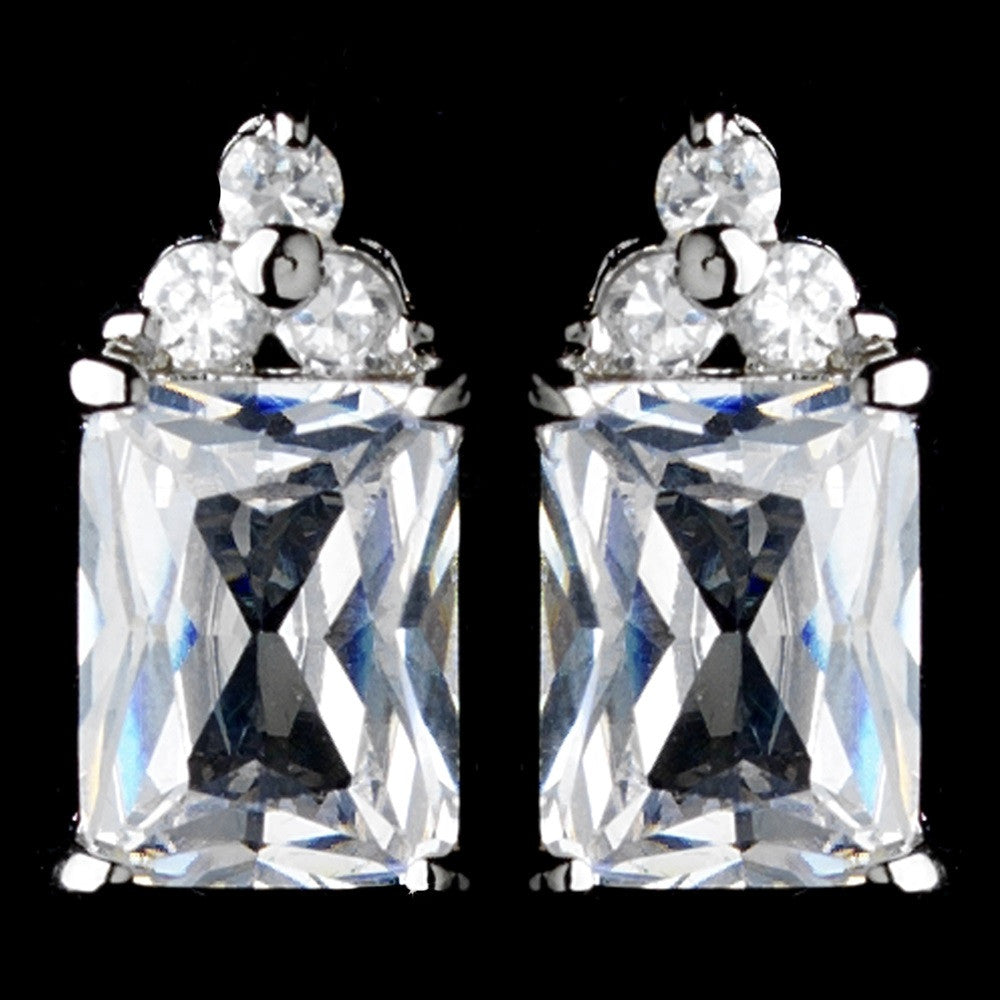 Stunning Silver Clear CZ Princess Cut Stud Bridal Wedding Earrings 2465