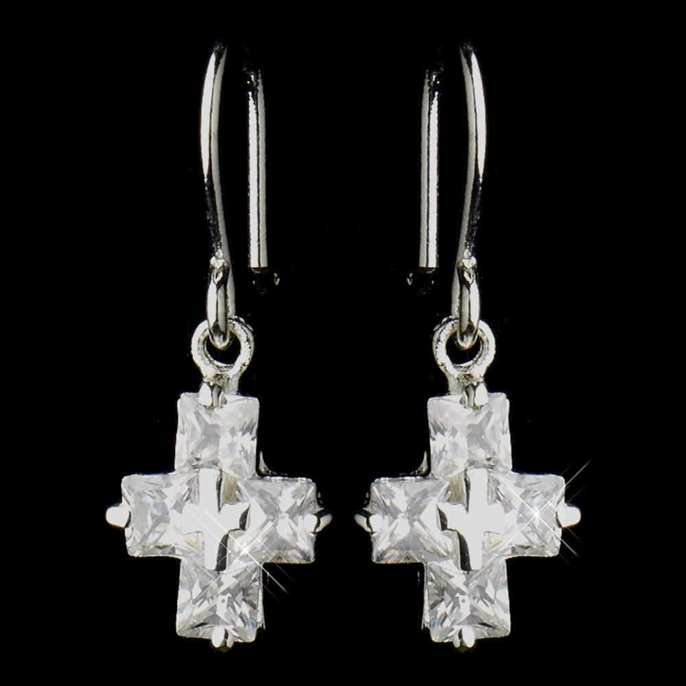 Silver Clear Rhinestone Dangle Drop Cross Bridal Wedding Earrings 24786