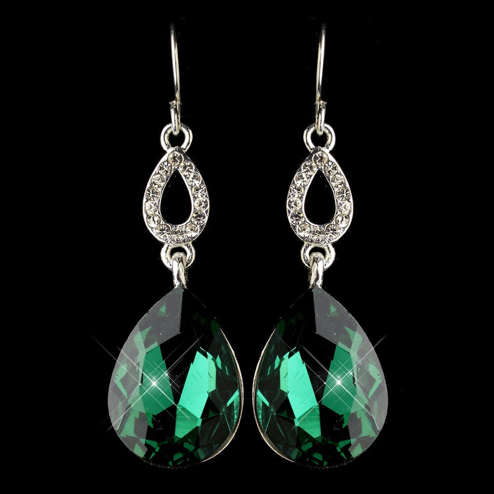 Silver Emerald & Clear CZ Crystal Drop Bridal Wedding Earrings 25285