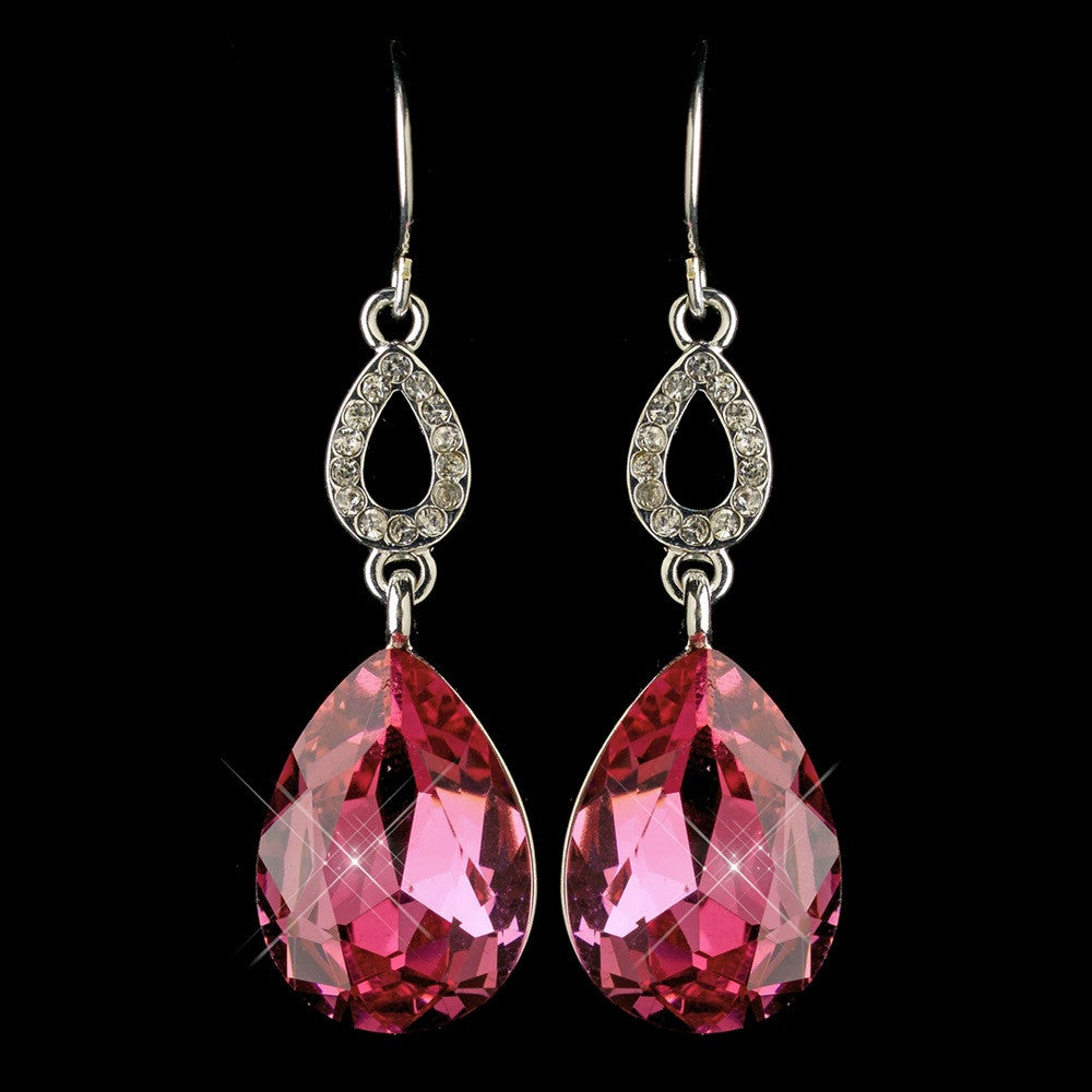 Silver Fuchsia & Clear CZ Crystal Drop Bridal Wedding Earrings 25285