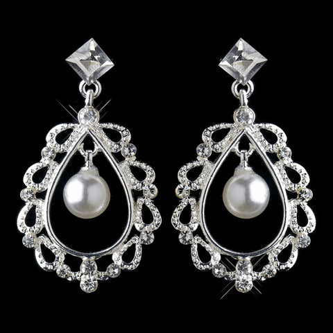 Silver White Pearl & Rhinestone Chandelier Bridal Wedding Earrings 26599