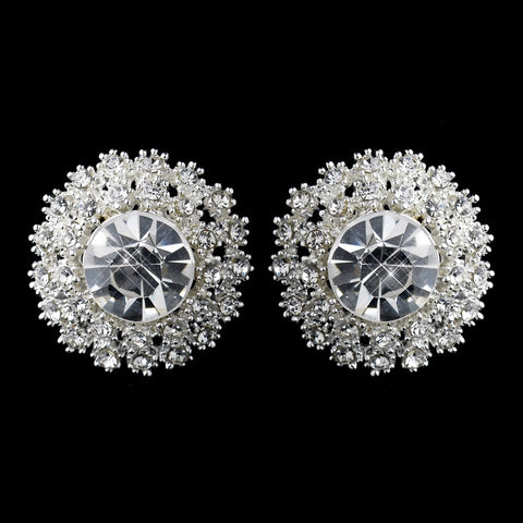 Round Silver Sunburst Rhinestone Stud Bridal Wedding Earrings 26605