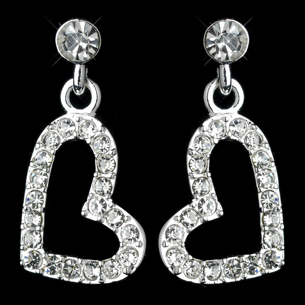 Dangling Rhinestone Covered Heart Bridal Wedding Earrings in Silver 26692