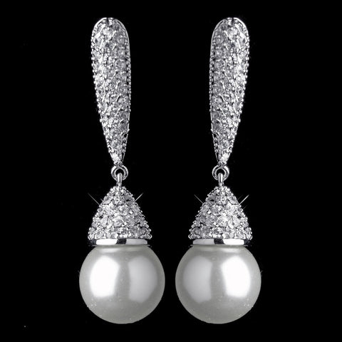 Antique Silver White Pearl & CZ Crystal Pave Bridal Wedding Earrings 2797