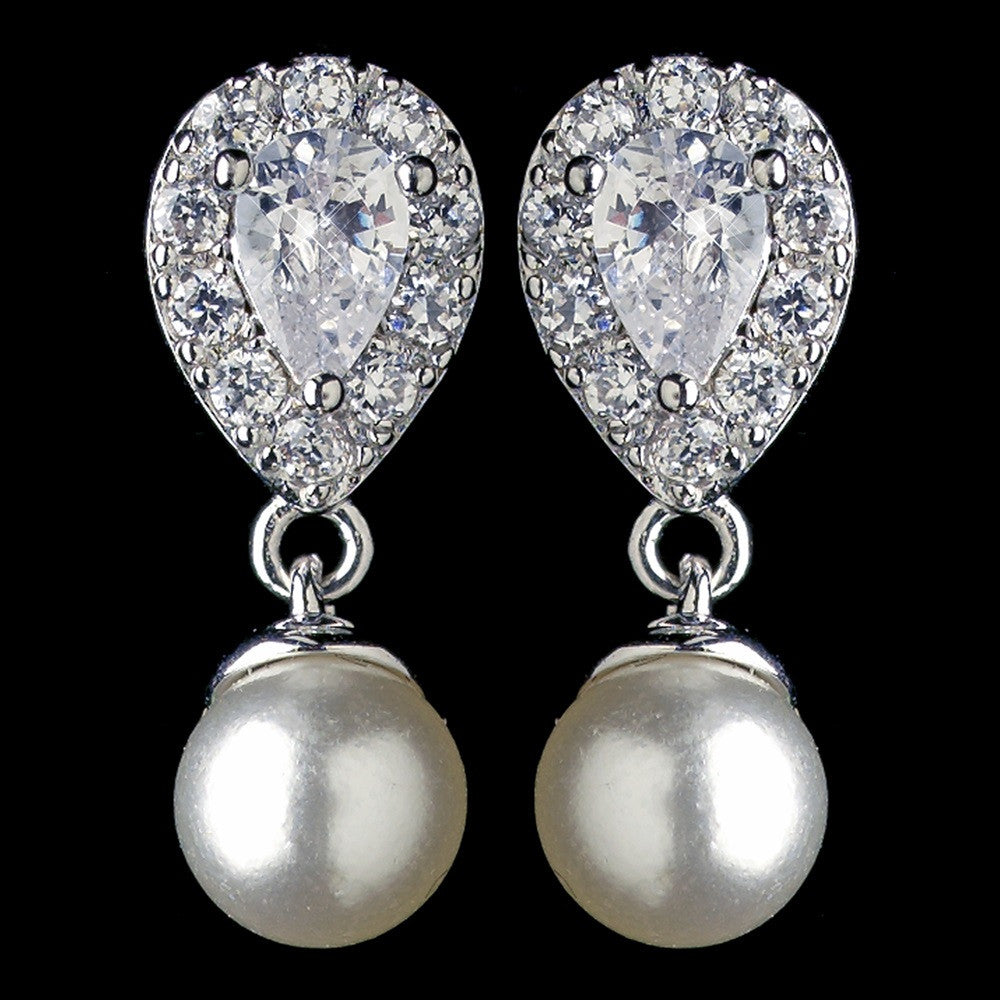 Rhodium Diamond White Pearl & CZ Teardrop Crystal Drop Bridal Wedding Earrings 2835