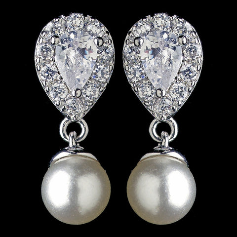 Rhodium Diamond White Pearl & CZ Teardrop Crystal Drop Bridal Wedding Earrings 2835
