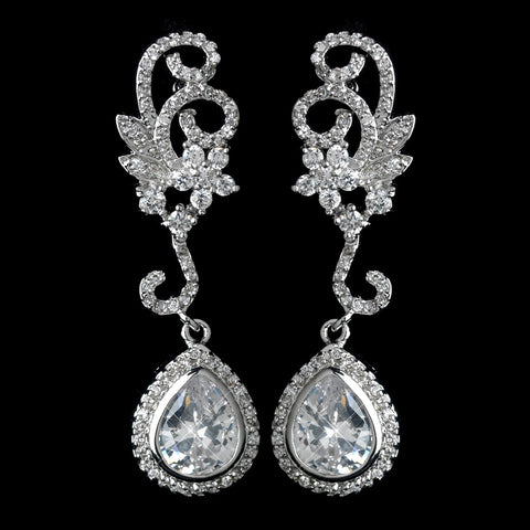 Antique Rhodium Silver Swirl Flower & Teardrop Encrusted Pave CZ Crystal Bridal Wedding Earrings 2899