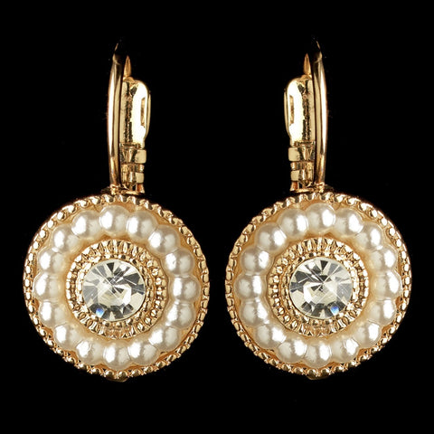 Gold Ivory Pearl & Rhinestone Circle Leverback Drop Bridal Wedding Earrings 295