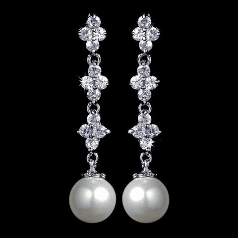 Beautiful Silver Clear CZ Bridal Wedding Earrings w/ Pearl Drop 3093