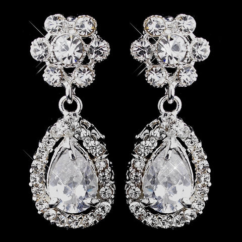 Delightful Silver Clear CZ Floral Bridal Wedding Earrings 3096