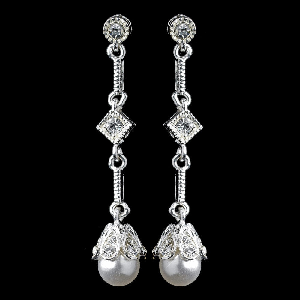 Silver White Pearl & CZ Dangle Bridal Wedding Earrings 3225