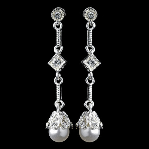 Silver White Pearl & CZ Dangle Bridal Wedding Earrings 3225