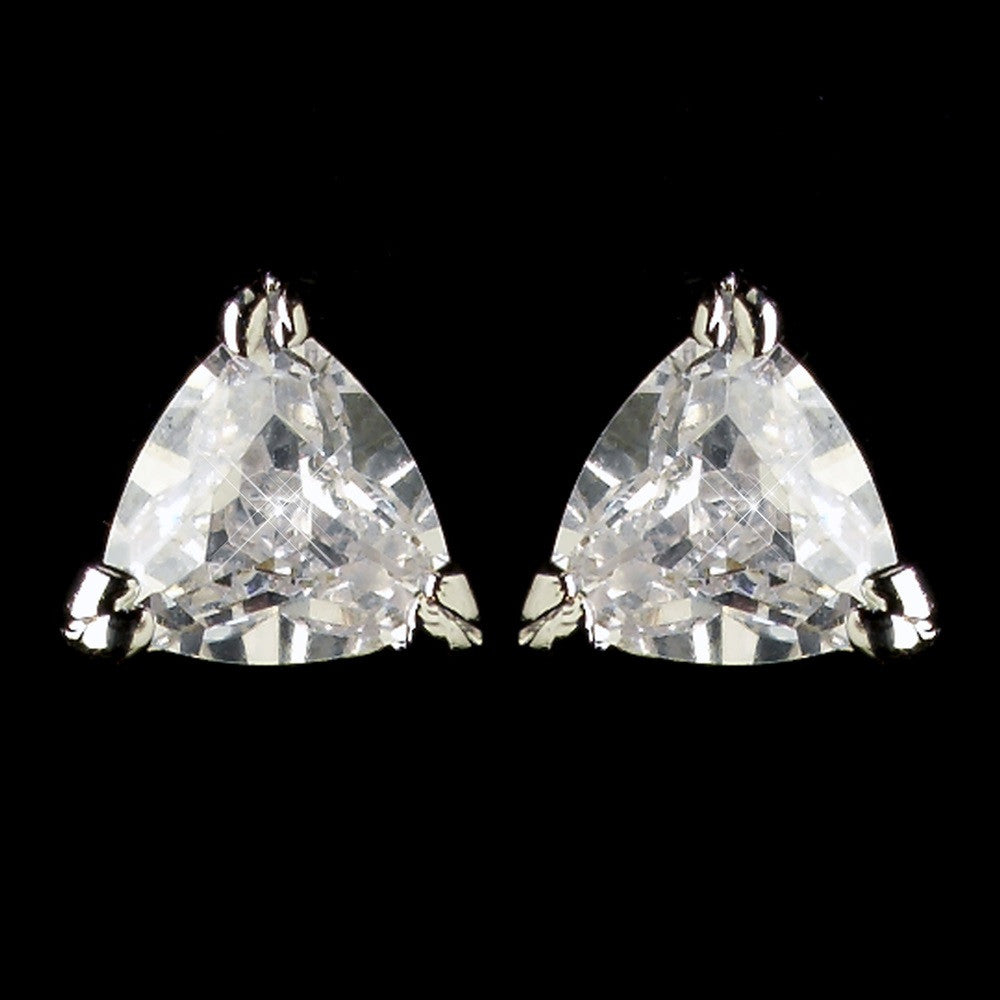 Rhodium Clear Trillion Cut CZ Crystal Triangle Stud Bridal Wedding Earrings 3531