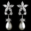 Stunning Silver Clear CZ Flower Bridal Wedding Earrings w/ Pearl Drop 3548