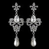 Rhodium Rhinestone & White Pearl Fleur de lis Dangle Bridal Wedding Earrings 3760