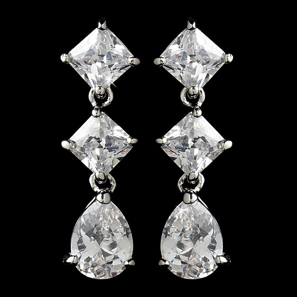 Antique Silver Cubic Zirconia Bridal Wedding Earrings E 3811