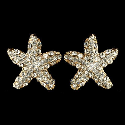 Gold Clear Rhinestone Beach Starfish Stud Bridal Wedding Earrings 3815